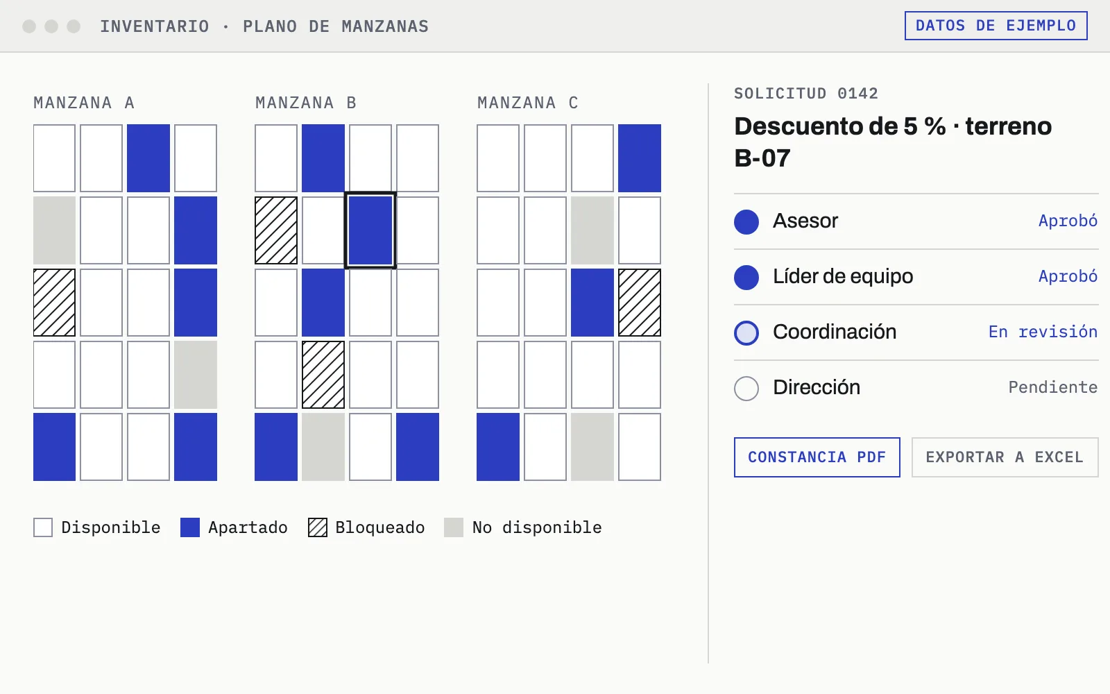 Maqueta: un plano de terrenos por manzana marcados como disponibles, apartados o bloqueados, y una solicitud de descuento con su cadena de aprobación.