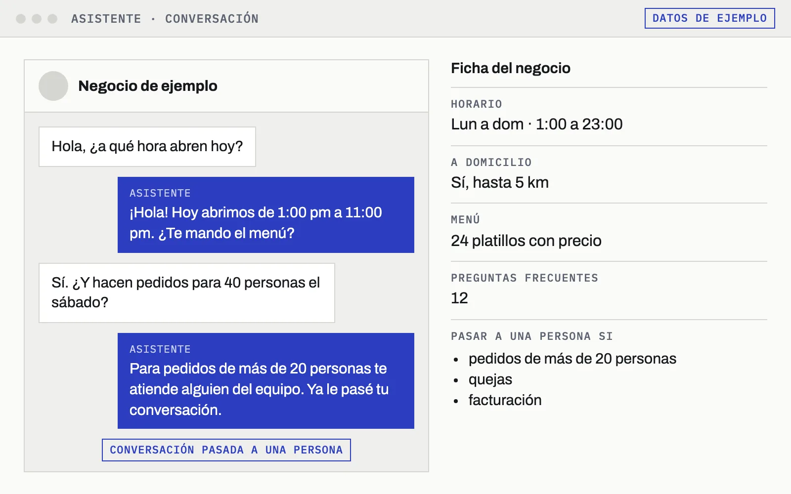 Maqueta de una conversación de WhatsApp: un cliente pregunta el horario y por un pedido grande, el asistente contesta y pasa la conversación a una persona. Al lado, la ficha del negocio.